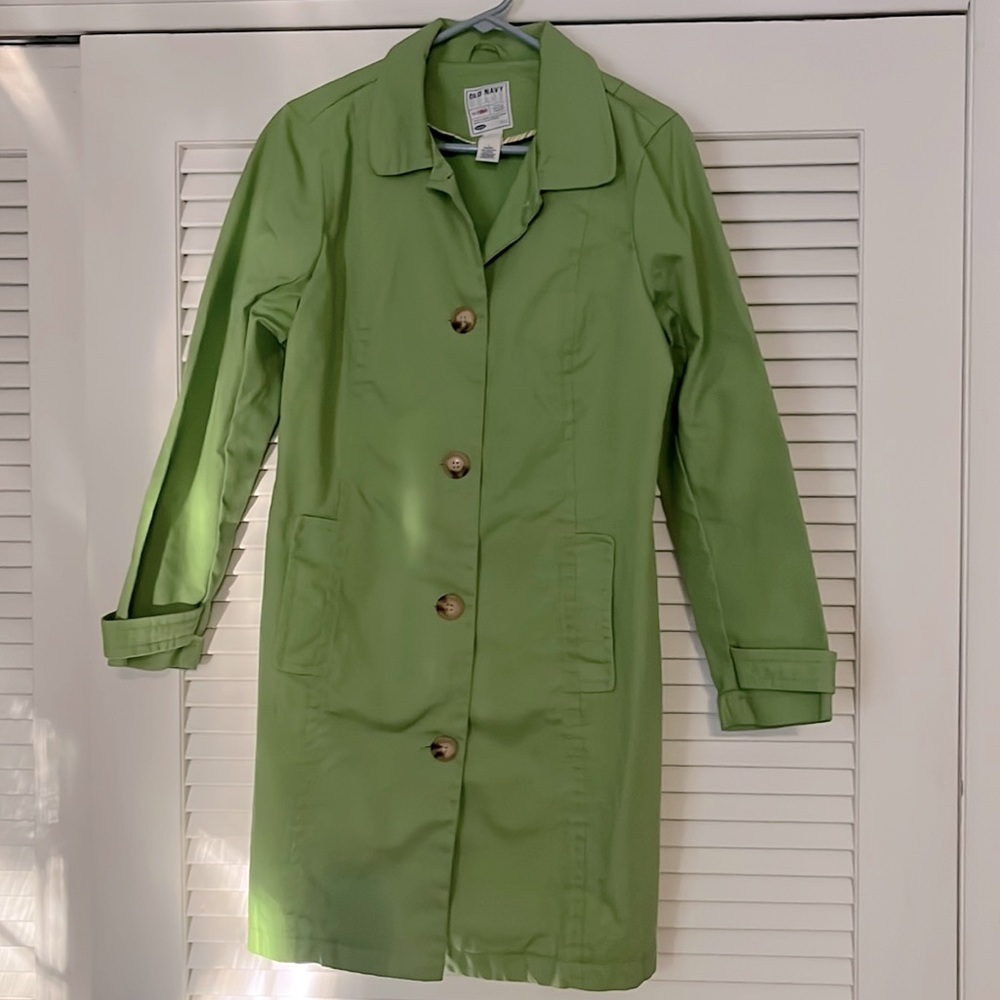EUC Old Navy Women’s Lime Greet Trench Coat Rain Large Tortoiseshell Buttons